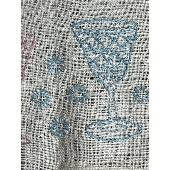 Vtg 50s Embroidered Kitchen Tea Towel Pink Blue Glasses Table Runner Cottagecore - Picture 7 of 11